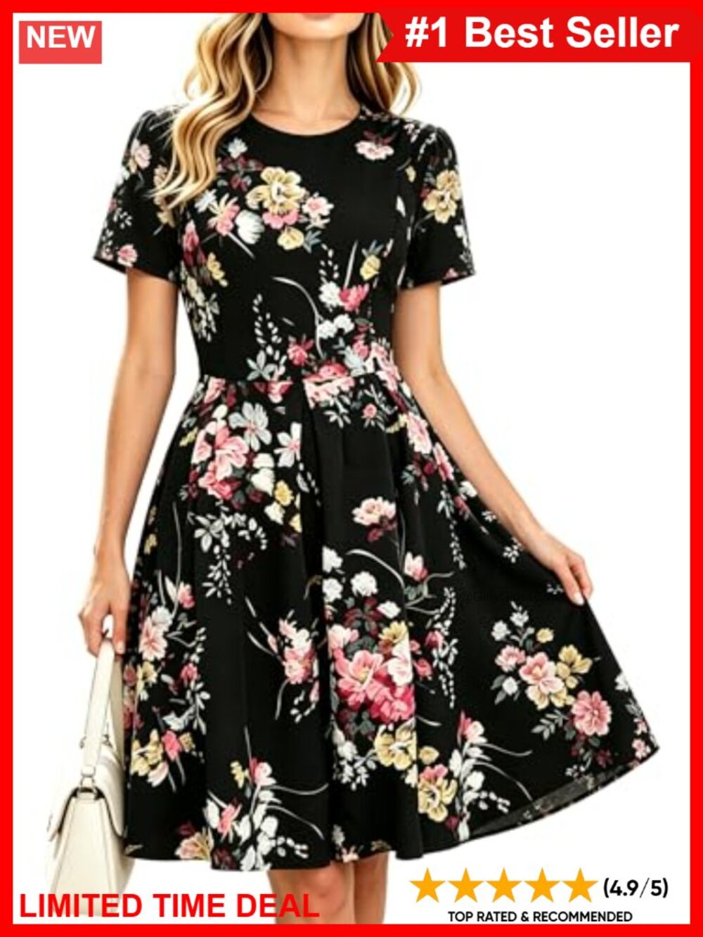 Women's A-Line Swing Midi Dress Scoop Neck Short Sleeve Pockets